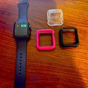 Apple Watch series 3 with 2 otterbox bumpers and a clear cover
